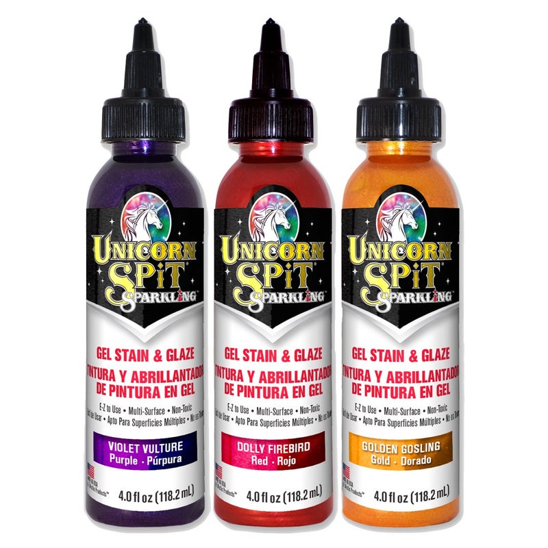Unicorn SPiT Sparkling - Gel Stain & Glaze - 4oz Sunset Sparkle Collection - Violet Vulture, Dolly Firebird, Golden Gosling